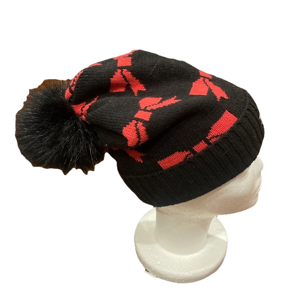 Betsey Johnson Beanie Gorpcore Whimsigoth Pink Black Bows Knit Hat Pom Pom